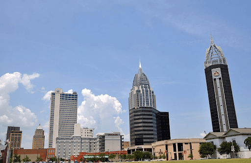 Mobile Alabama skyline–a familiar sight for our plumbers and HVAC experts; Attribution: James Willamor